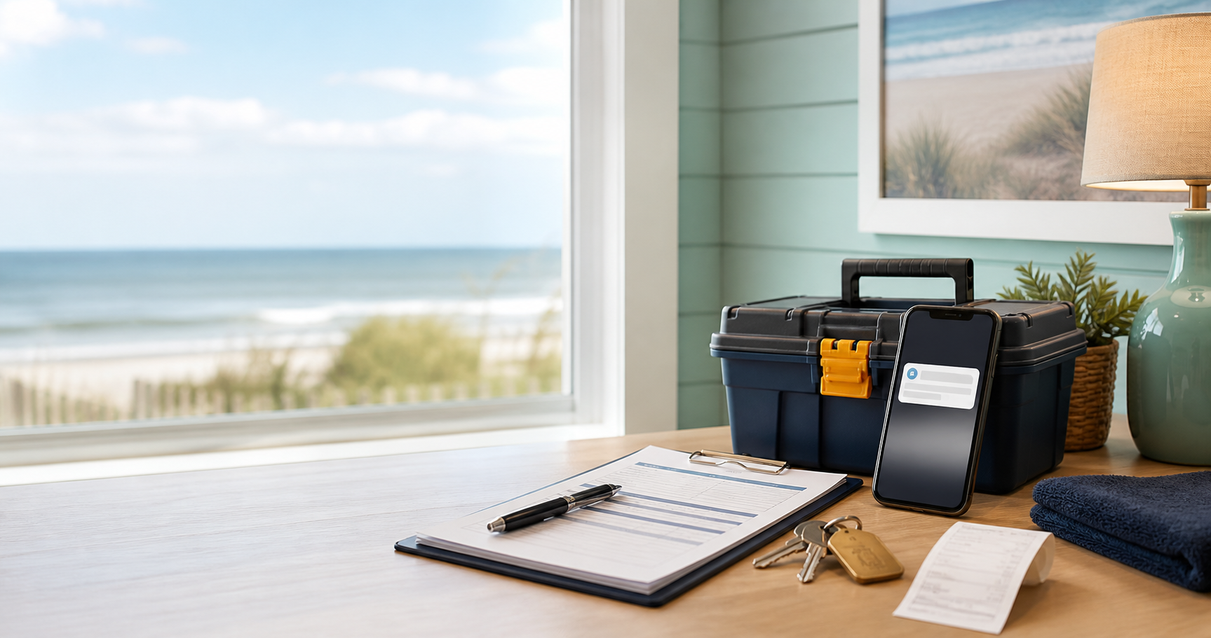 Repair desk with toolbox, phone, keys, and Ocean City beach view